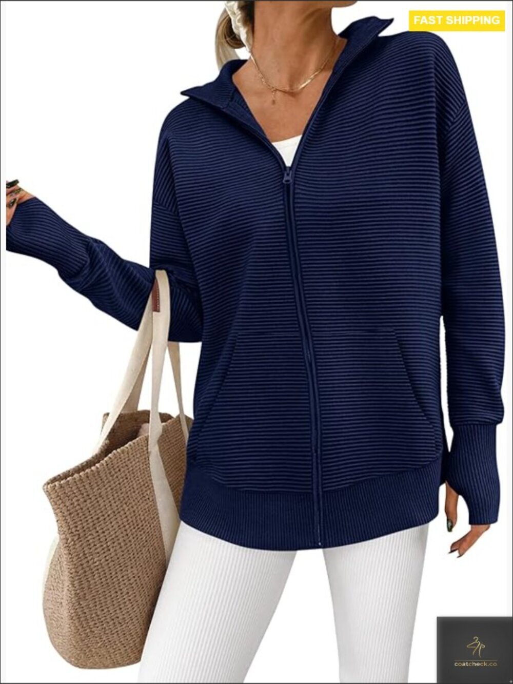 Long Sleeve Zip Up Cardigan Sweater Casual Loose Collared Ribbed Knit Tunic